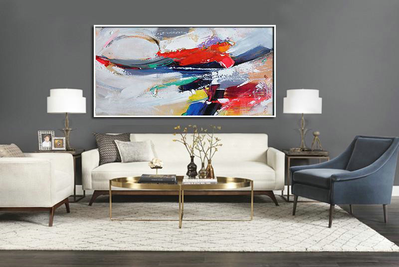 Original Abstract Painting Extra Large Canvas Art,Horizontal Palette Knife Contemporary Art Panoramic Canvas Painting,Abstract Painting Modern Art White,Red,Grey,Dark Blue